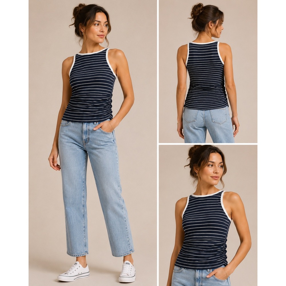 OGL Brami Tank Top Womens Medium Navy White Striped Ruched Square Neck